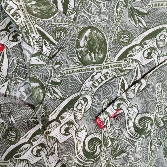 Vintage Ecko Unltd Money Print Button Shirt Mens XL Loop Collar Green Y2K - Picture 5 of 10